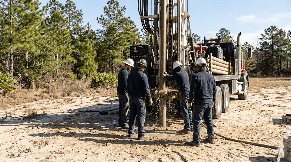 Well drilling crew and equipment at a rural property in Bulloch County Georgia