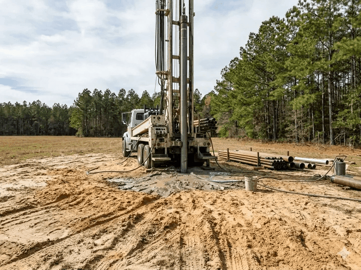 Well drilling rig on a rural property in Bulloch County Georgia
